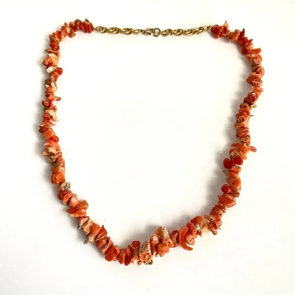 Vintage Coral Necklace Beaded Nugget Chip‎ 12K Gold Fill 60s Retro Estate Piece